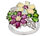 Pre-Owned Opal Purple Rhodolite Garnet Green Chrome Diopside Topaz .925 Silver Flower Ring
