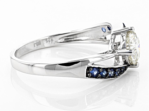 Pre-Owned Moissanite And Blue Sapphire Platineve Ring 1.20ct DEW.
