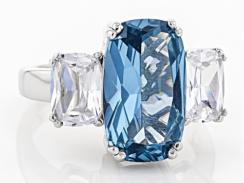 Pre-Owned Lab Created Blue Spinel & White Cubic Zirconia Rhodium Over Silver Ring 14.22ctw