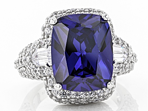 Pre-Owned Blue And White Cubic Zirconia Rhodium Over Sterling Silver Ring 19.00ctw