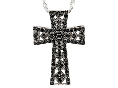 Pre-Owned Black Spinel Sterling Silver Cross Pendant With Chain .85ctw