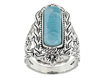 Picture of Pre-Owned 20x6mm Fancy Cut Cabochon Blue Larimar .925 Sterling Silver Ring