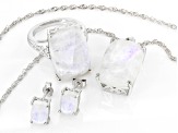 Pre-Owned White rainbow moonstone rhodium over silver ring, earrings, and pendant with chain set