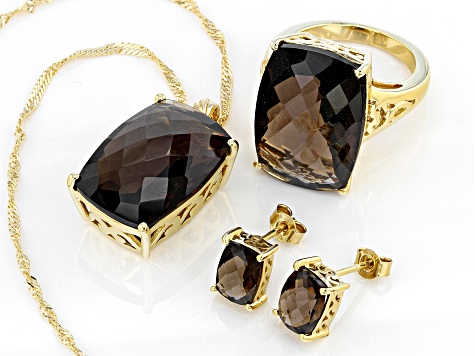 Pre-Owned Brown smoky quartz 18k gold sterling silver ring, pendant with chain, and earrings set 33.