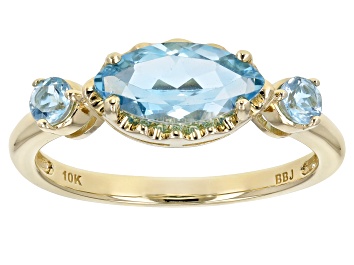 Picture of Pre-Owned Swiss Blue Topaz 10k Yellow Gold 3-Stone Ring 1.33ctw