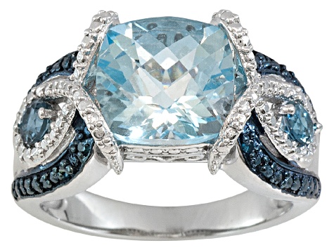 Pre-Owned Sky Blue Glacier Topaz And Blue Diamond Sterling Silver Ring 4.36ctw