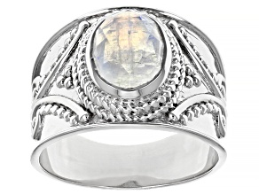 Pre-Owned White Rainbow Moonstone Rhodium Over Silver Ring