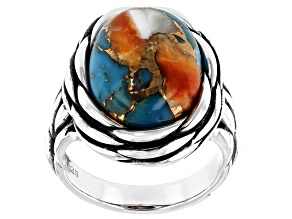 Pre-Owned Kingman Turquoise Blended With Spiny Oyster Shell Rhodium Over Silver Ring