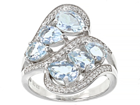 Pre-Owned Aquamarine with White Zircon Rhodium Over Sterling Silver Ring. 2.44ctw