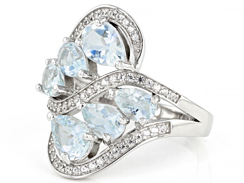 Pre-Owned Aquamarine with White Zircon Rhodium Over Sterling Silver Ring. 2.44ctw