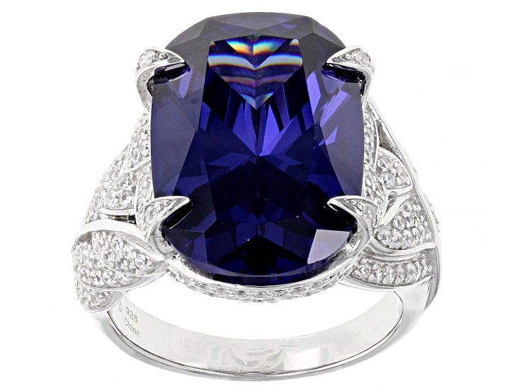 Pre-Owned Blue And White Cubic Zirconia Rhodium Over Sterling Silver Ring 24.55ctw