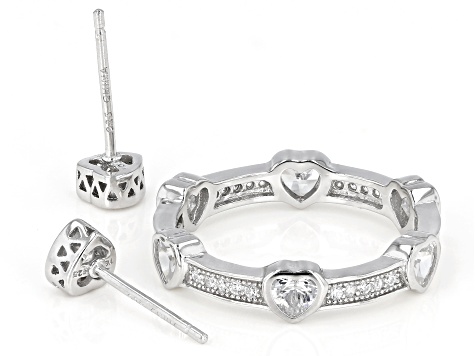 Pre-Owned White Cubic Zirconia Rhodium Over Sterling Silver Heart Ring And Stud Earrings Set 2.75ctw