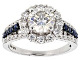 Pre-Owned 2017 Holiday Ring Moissanite Fire® 3.02ctw DEW & Blue Sapphire .32ctw Platineve™ Ring
