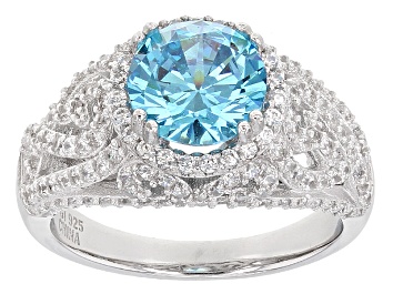 Picture of Pre-Owned Blue And White Cubic Zirconia Rhodium Over Sterling Silver Ring 4.99ctw