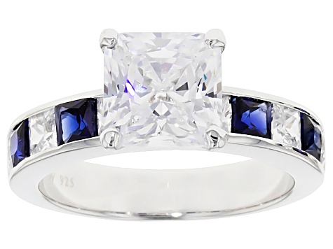 Pre-Owned Lac Created Sapphire And White Cubic Zirconia Rhodium Over Sterling Ring W/Band 6.98ctw
