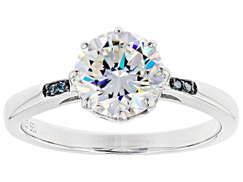 Picture of Pre-Owned White Strontium Titanate And Blue Diamond Sterling Silver Ring 2.62ctw
