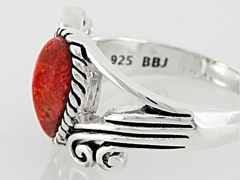 Pre-Owned Red Sponge Coral Silver Solitaire Ring