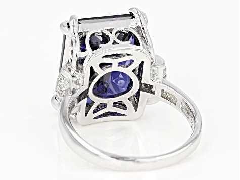Pre-Owned Blue And White Cubic Zirconia Rhodium Over Sterling Silver Ring 20.57ctw