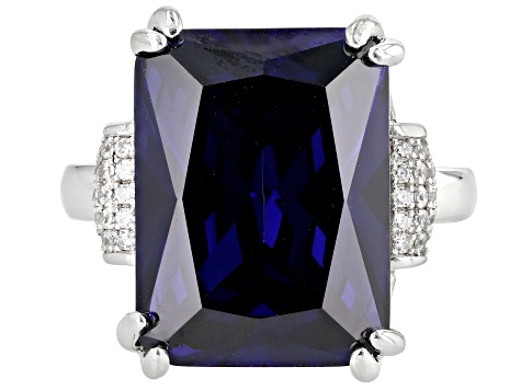 Pre-Owned Blue And White Cubic Zirconia Rhodium Over Sterling Silver Ring 20.57ctw