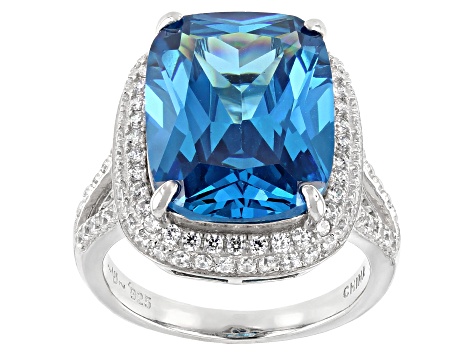 Pre-Owned Blue And White Cubic Zirconia Rhodium Over Sterling Silver Ring 19.20ctw