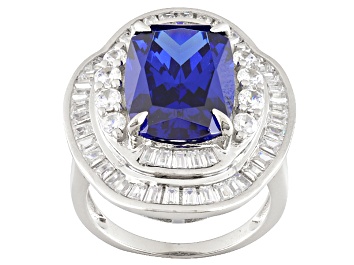 Picture of Pre-Owned Blue And White Cubic Zirconia Rhodium Over Sterling Silver Ring 8.12ctw