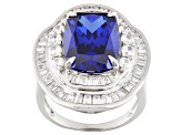 Pre-Owned Blue And White Cubic Zirconia Rhodium Over Sterling Silver Ring 8.12ctw