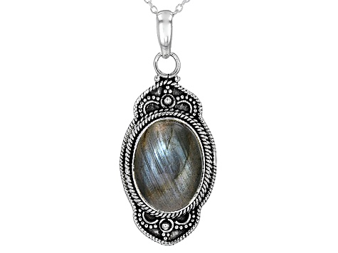 Pre-Owned Gray Labradorite Sterling Silver Pendant With Chain