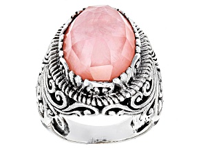 Pre-Owned Pink Morganite Color Mother Of Pearl Triplet Silver Ring