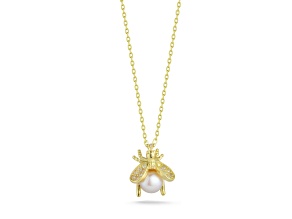 Sterling Statements 14K Yellow Gold Over Sterling Silver Freshwater Pearl CZ Dainty 3D Bee Necklace
