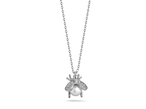 Sterling Statements Rhodium Over Sterling Silver Freshwater Pearl CZ Dainty 3D Bee Necklace