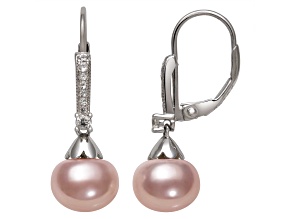 Pink Cultured Freshwater Pearl With Lab Created Sapphire Rhodium Over Sterling Silver Earrings
