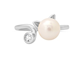 White Cubic Zirconia and 8mm Cultured Freshwater Pearl Rhodium Over Sterling Silver Cat Ring 0.10ctw