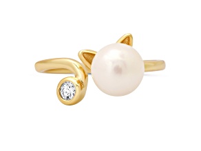 White Cubic Zirconia and 8mm Cultured Freshwater Pearl 14k Yellow Gold Over Silver Cat Ring 0.10ctw