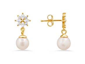 6mm Cultured Freshwater Pearl And White Cubic Zirconia 14k Yellow Gold Over Silver Earrings 0.21ctw