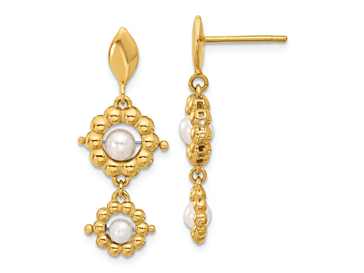 14K Yellow Gold Polished Freshwater Cultured Pearl Flower Post Dangle Earrings