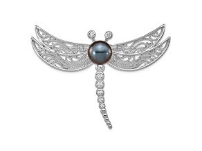 Rhodium Over Sterling Silver Cubic Zirconia 8-9mm Black Button Freshwater Pearl Dragonfly Brooch