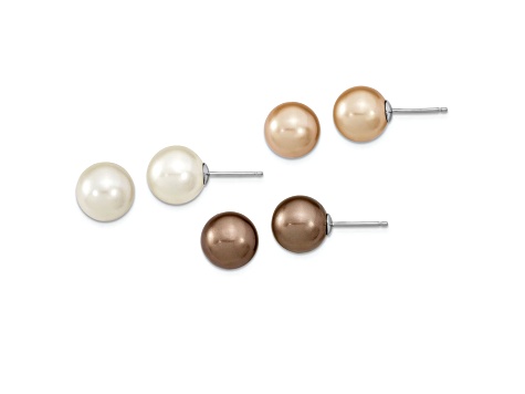 Rhodium Over Sterling Silver 10-11mm White/Champagne/Brown Imitaion Shell Pearl Earring Set