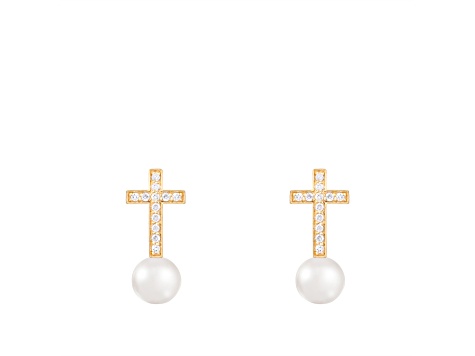 White Cultured Freshwater Pearl 14k Yellow Gold Earrings 6-6.5mm
