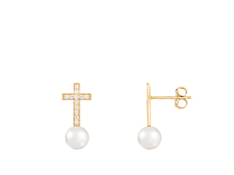 White Cultured Freshwater Pearl 14k Yellow Gold Earrings 6-6.5mm