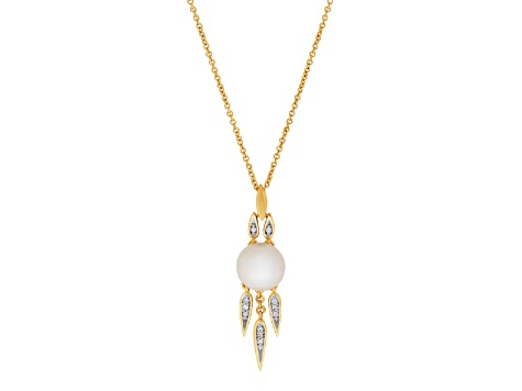 8.5-9mm Round White Freshwater Pearl with Diamond Accents 14K Yellow Gold Drop Pendant with Chain