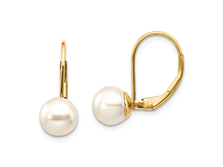 14K Yellow Gold 7-8mm White Round Freshwater Cultured Pearl Leverback Earrings