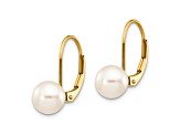 14K Yellow Gold 7-8mm White Round Freshwater Cultured Pearl Leverback Earrings