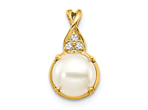 10k Yellow Gold Freshwater Cultured Pearl June Birthstone and Diamond Pendant