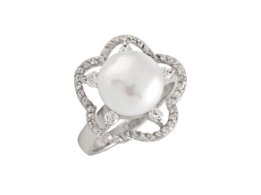 10-11mm White Button Cultured Freshwater Pearl and Cubic Zirconia Rhodium Over Silver Ring