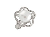 10-11mm White Button Cultured Freshwater Pearl and Cubic Zirconia Rhodium Over Silver Ring
