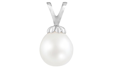 7-7.5mm Drop White Cultured Freshwater Pearl Rhodium Over Sterling Silver Pendant