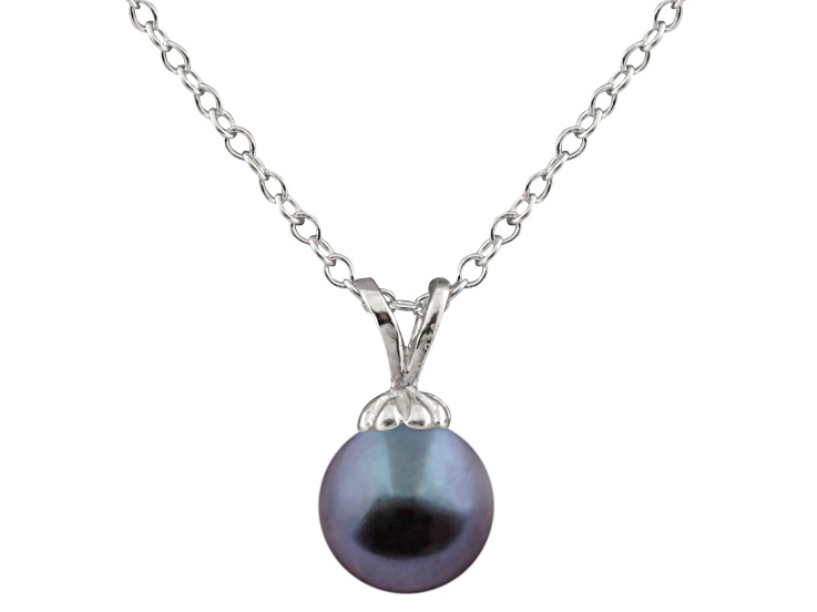 7-7.5mm Drop Black Cultured Freshwater Pearl Rhodium Over Sterling Silver Pendant
