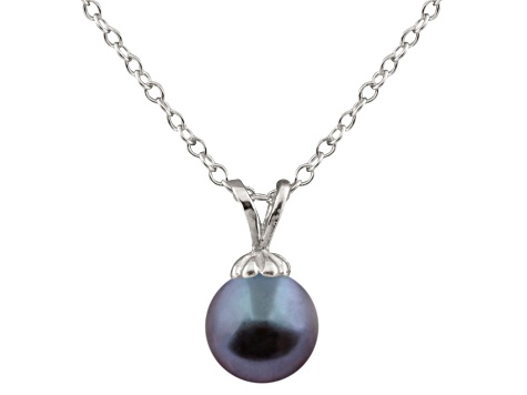 7-7.5mm Drop Black Cultured Freshwater Pearl Rhodium Over Sterling Silver Pendant