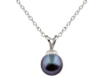 7-7.5mm Drop Black Cultured Freshwater Pearl Rhodium Over Sterling Silver Pendant
