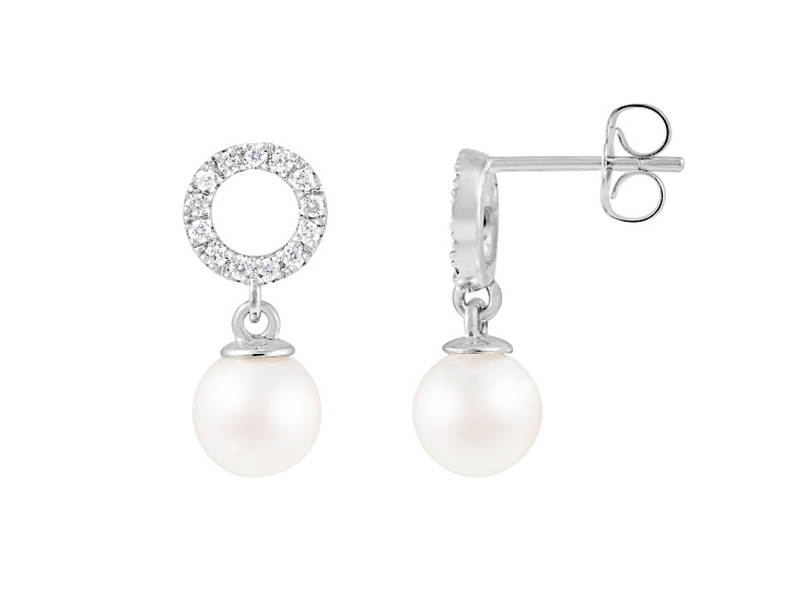 White Cultured Akoya Pearl 14k White Gold Earrings 6.5-7mm